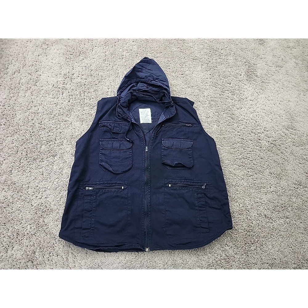 Galaxy Jeans Inc Ranger Vest Mens L Blue FullZip Hooded Utility Tactical Outdoor